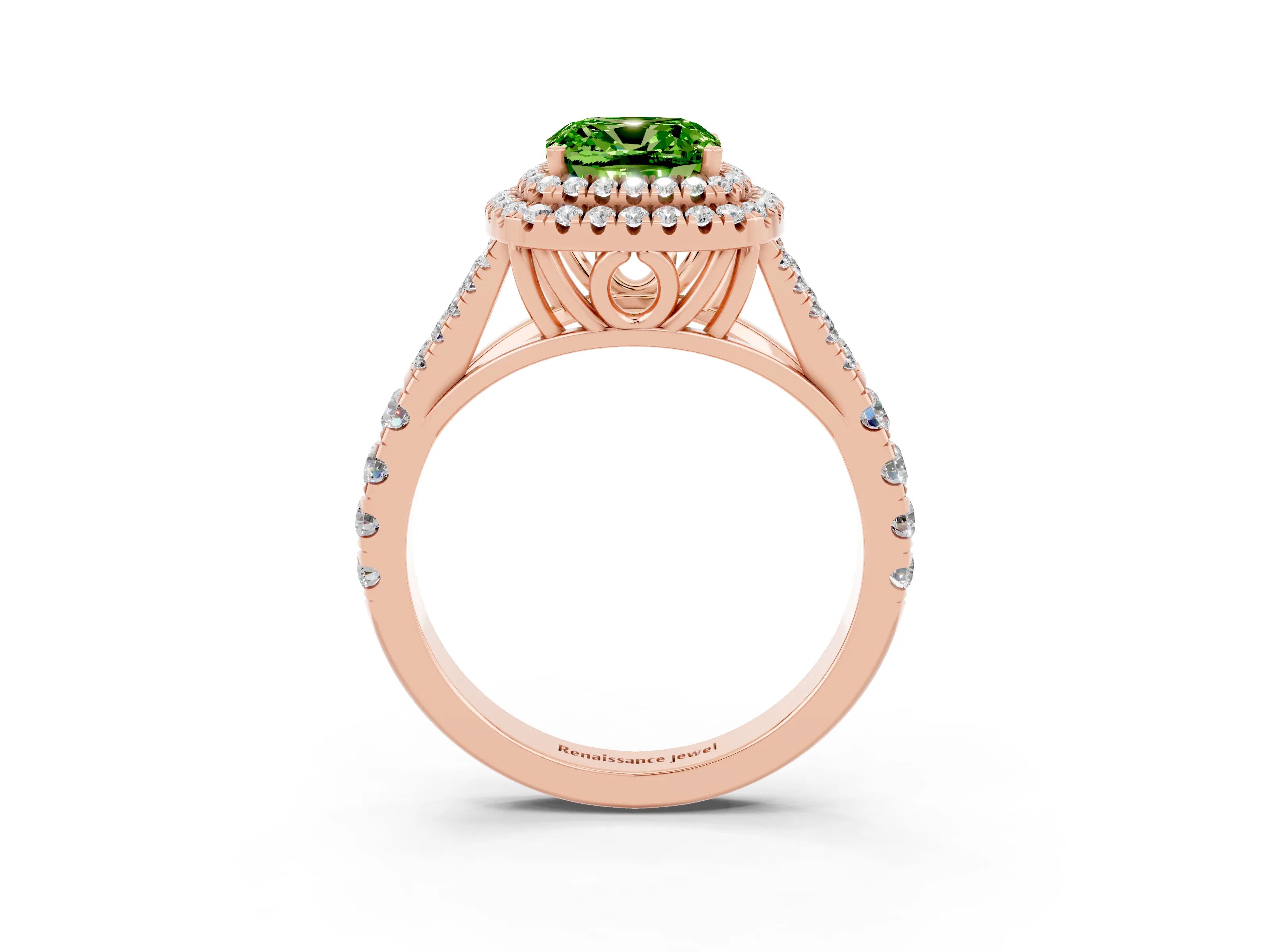 Rose gold Double Halo Cushion Cut Peridot Split Shank Engagement Ring with Four-Prong Setting_3