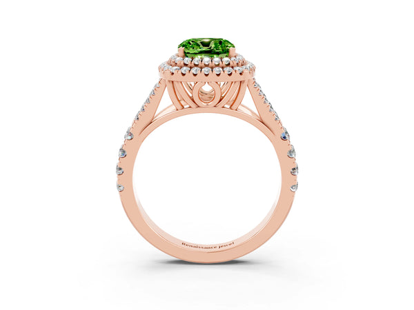 Rose gold Double Halo Cushion Cut Peridot Split Shank Engagement Ring with Four-Prong Setting