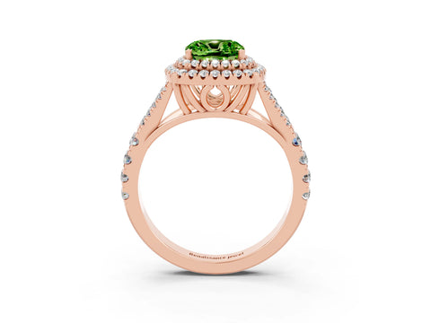 Rose gold Double Halo Cushion Cut Peridot Split Shank Engagement Ring with Four-Prong Setting_3