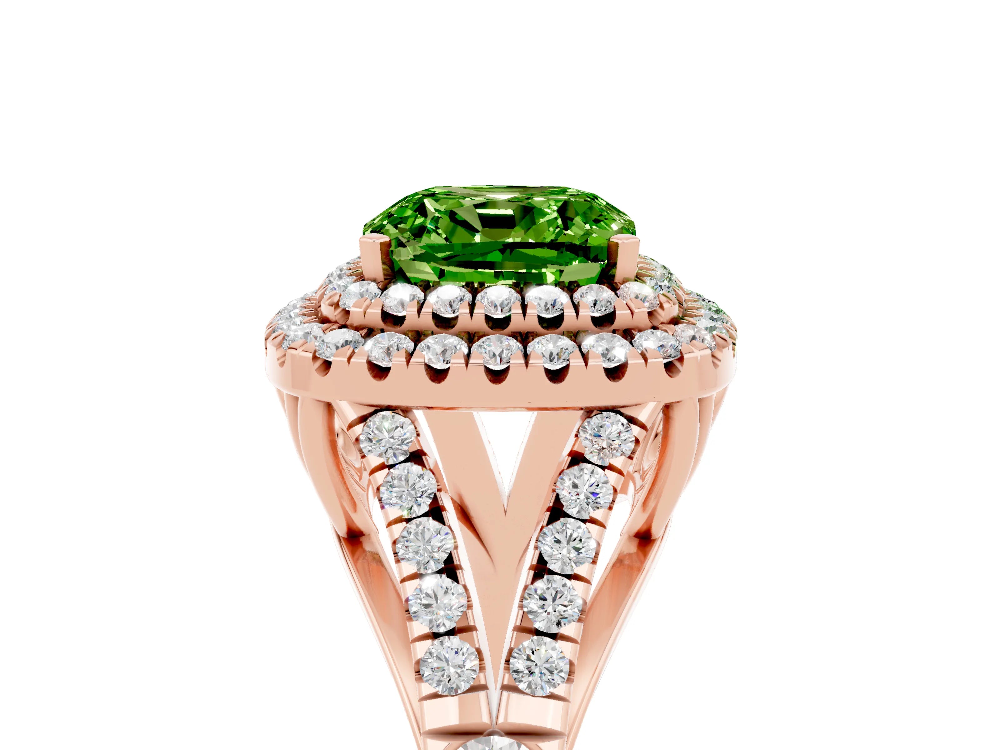 Rose gold Double Halo Cushion Cut Peridot Split Shank Engagement Ring with Four-Prong Setting_5