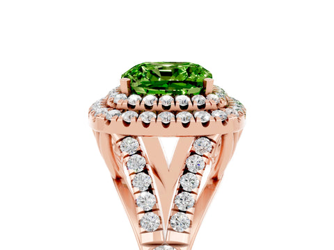 Rose gold Double Halo Cushion Cut Peridot Split Shank Engagement Ring with Four-Prong Setting_5