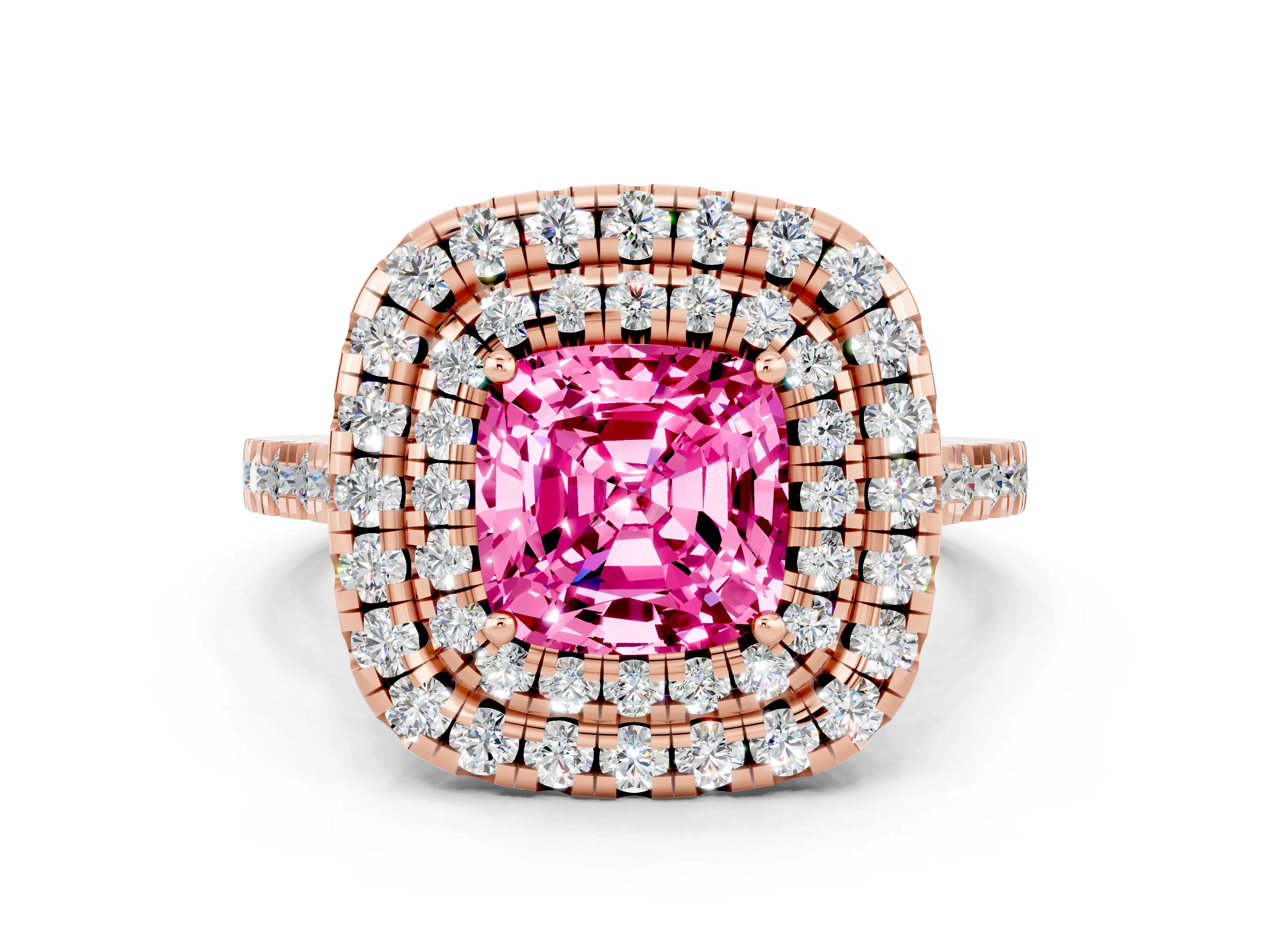 Rose gold Double Halo Cushion Cut Pink Sapphire Pavé Band with Four-Prong Setting_24