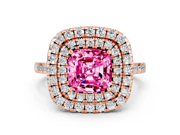 Rose gold Double Halo Cushion Cut Pink Sapphire Pavé Band with Four-Prong Setting