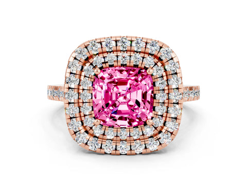 Rose gold Double Halo Cushion Cut Pink Sapphire Pavé Band with Four-Prong Setting_24