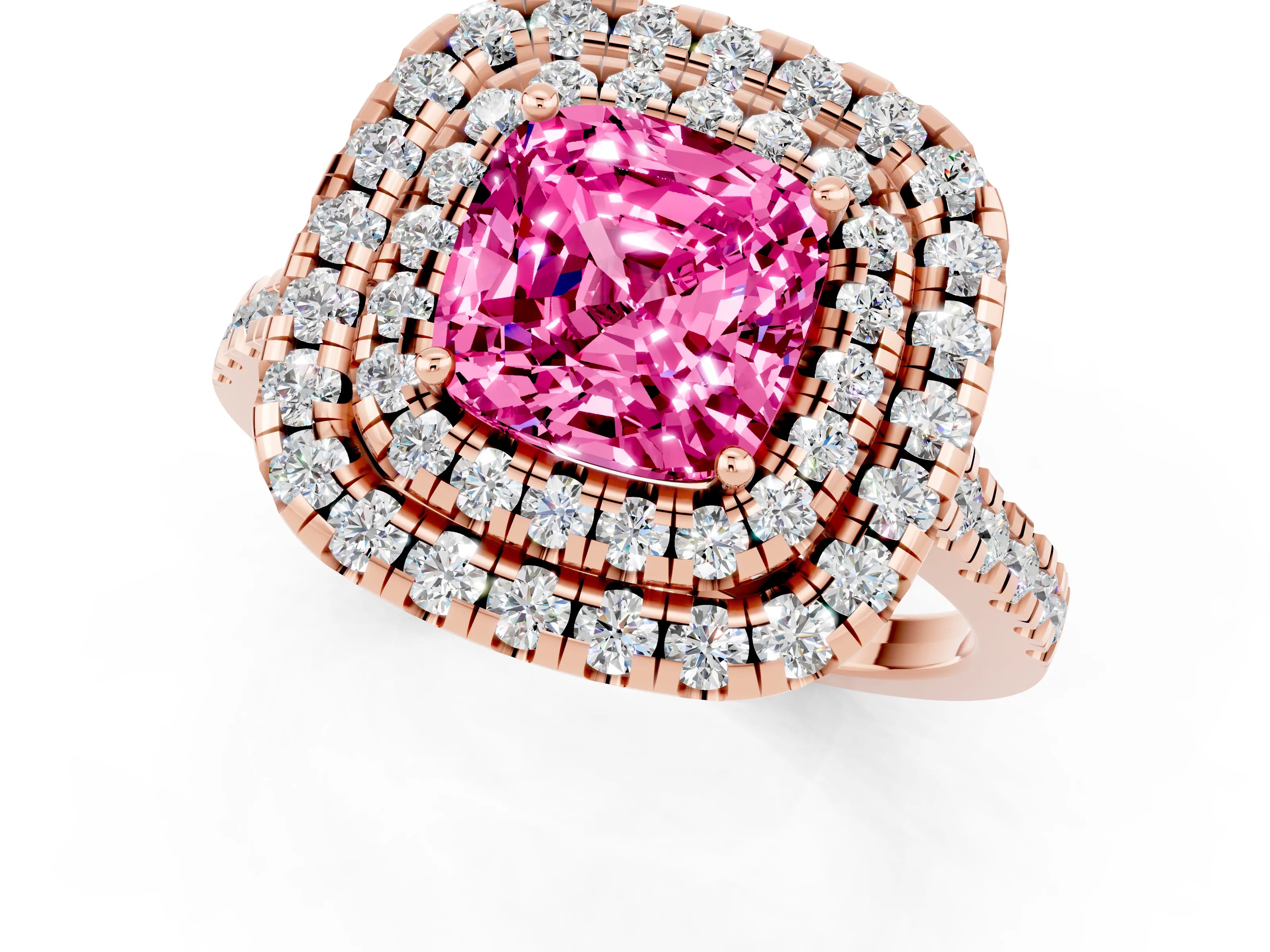 Rose gold Double Halo Cushion Cut Pink Sapphire Pavé Band with Four-Prong Setting_25