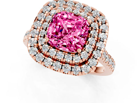 Rose gold Double Halo Cushion Cut Pink Sapphire Pavé Band with Four-Prong Setting_25