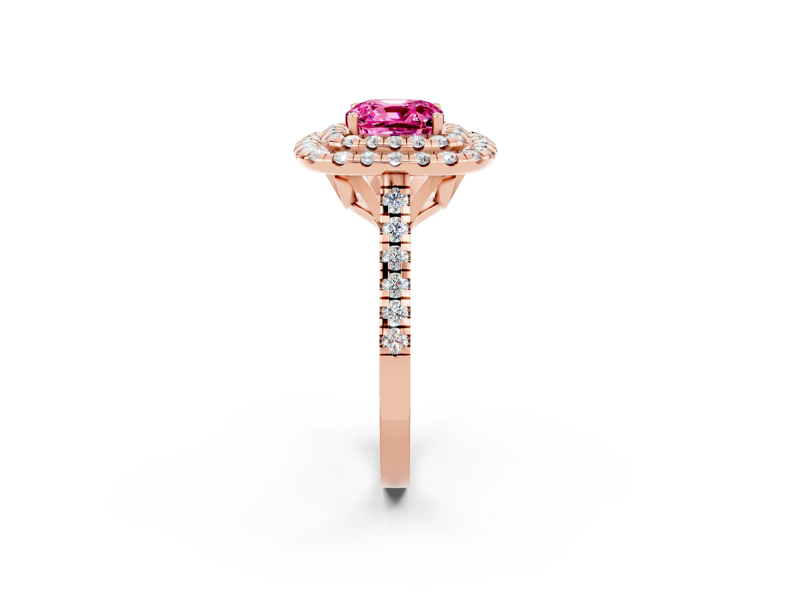 Rose gold Double Halo Cushion Cut Pink Sapphire Pavé Band with Four-Prong Setting_26