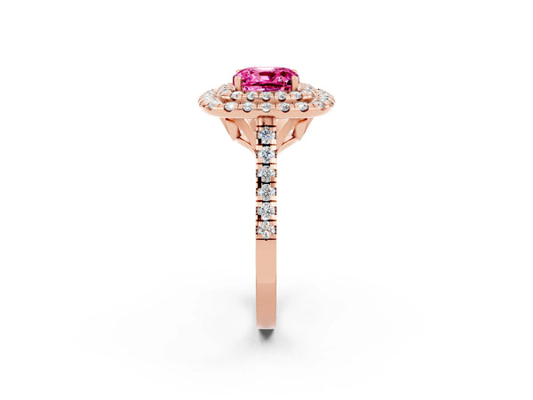 Rose gold Double Halo Cushion Cut Pink Sapphire Pavé Band with Four-Prong Setting