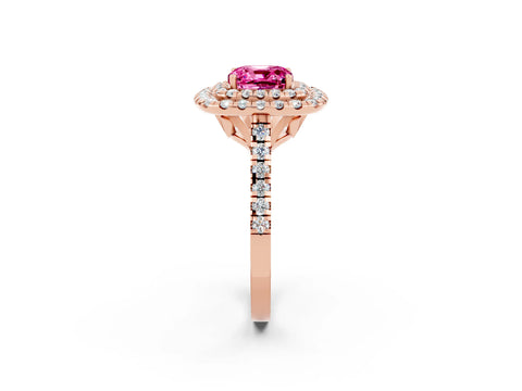 Rose gold Double Halo Cushion Cut Pink Sapphire Pavé Band with Four-Prong Setting_26