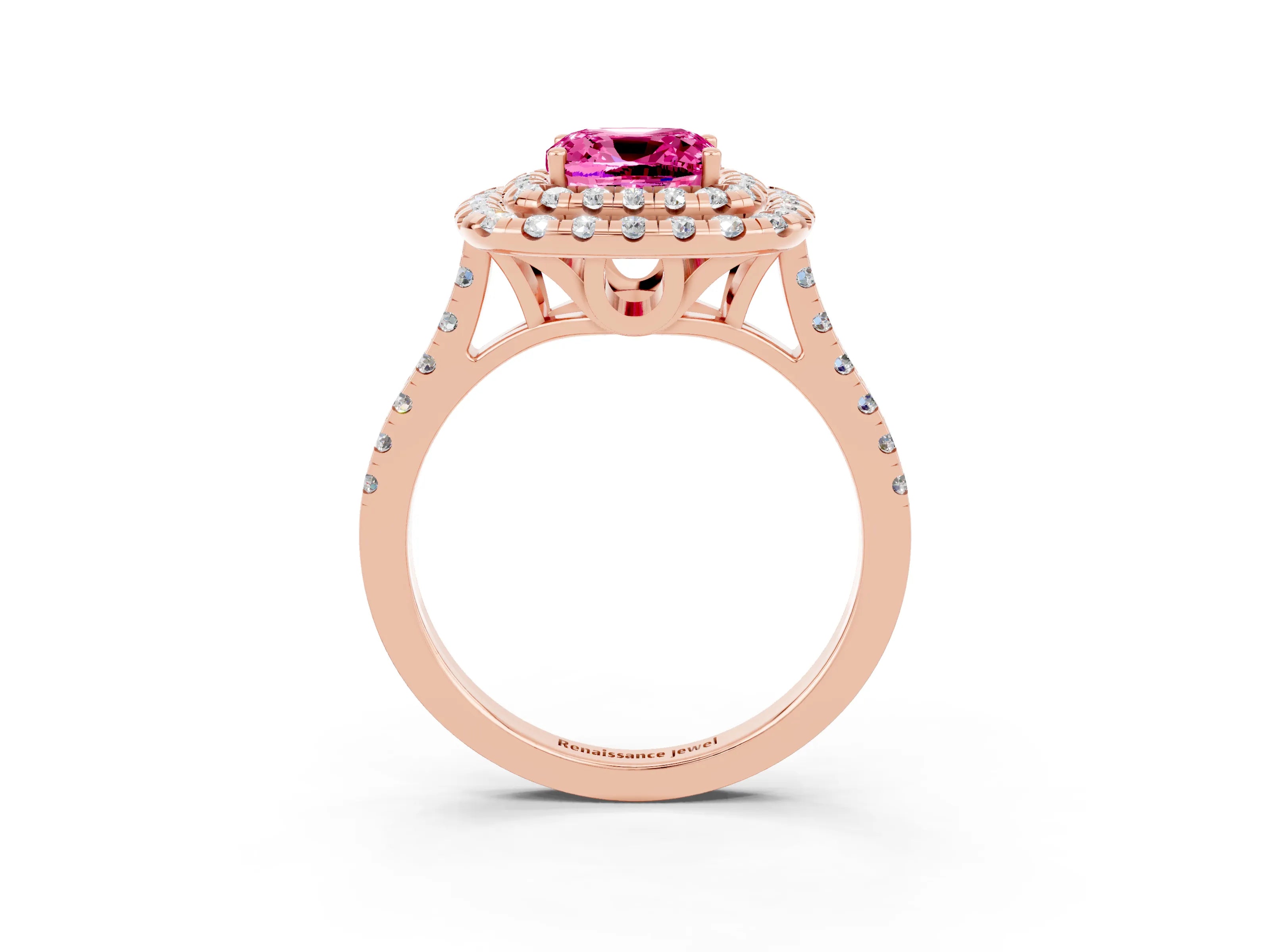 Rose gold Double Halo Cushion Cut Pink Sapphire Pavé Band with Four-Prong Setting_27
