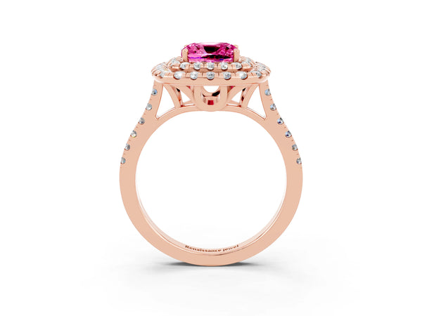 Rose gold Double Halo Cushion Cut Pink Sapphire Pavé Band with Four-Prong Setting