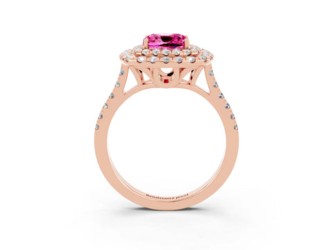 Rose gold Double Halo Cushion Cut Pink Sapphire Pavé Band with Four-Prong Setting_27