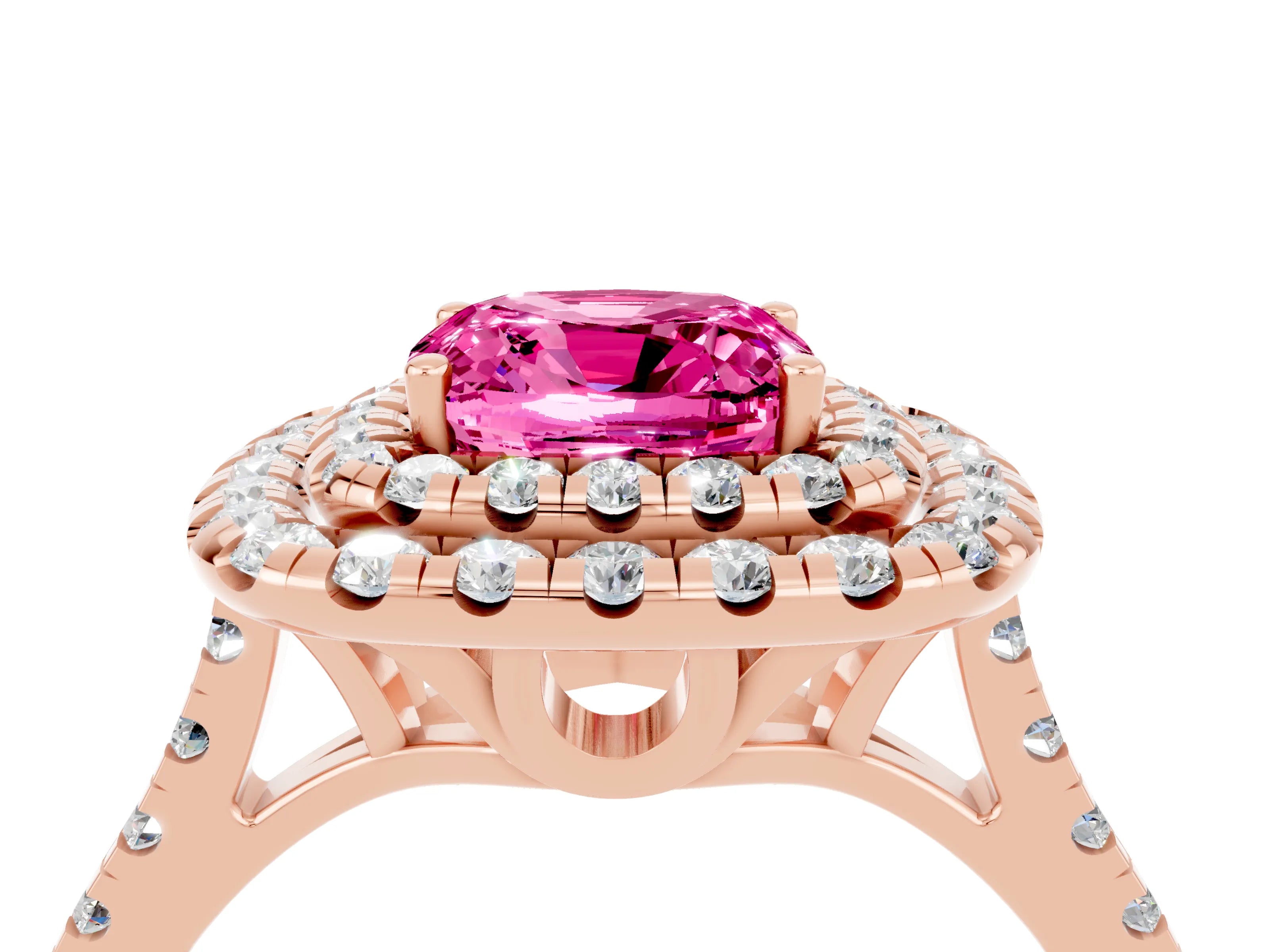 Rose gold Double Halo Cushion Cut Pink Sapphire Pavé Band with Four-Prong Setting_28