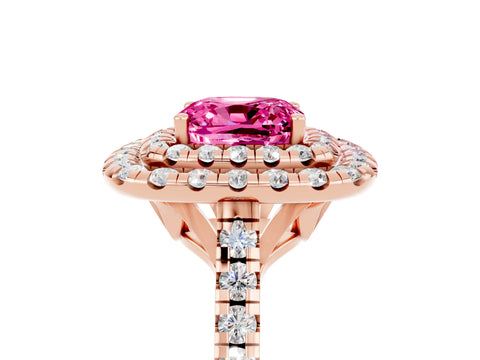 Rose gold Double Halo Cushion Cut Pink Sapphire Pavé Band with Four-Prong Setting_29