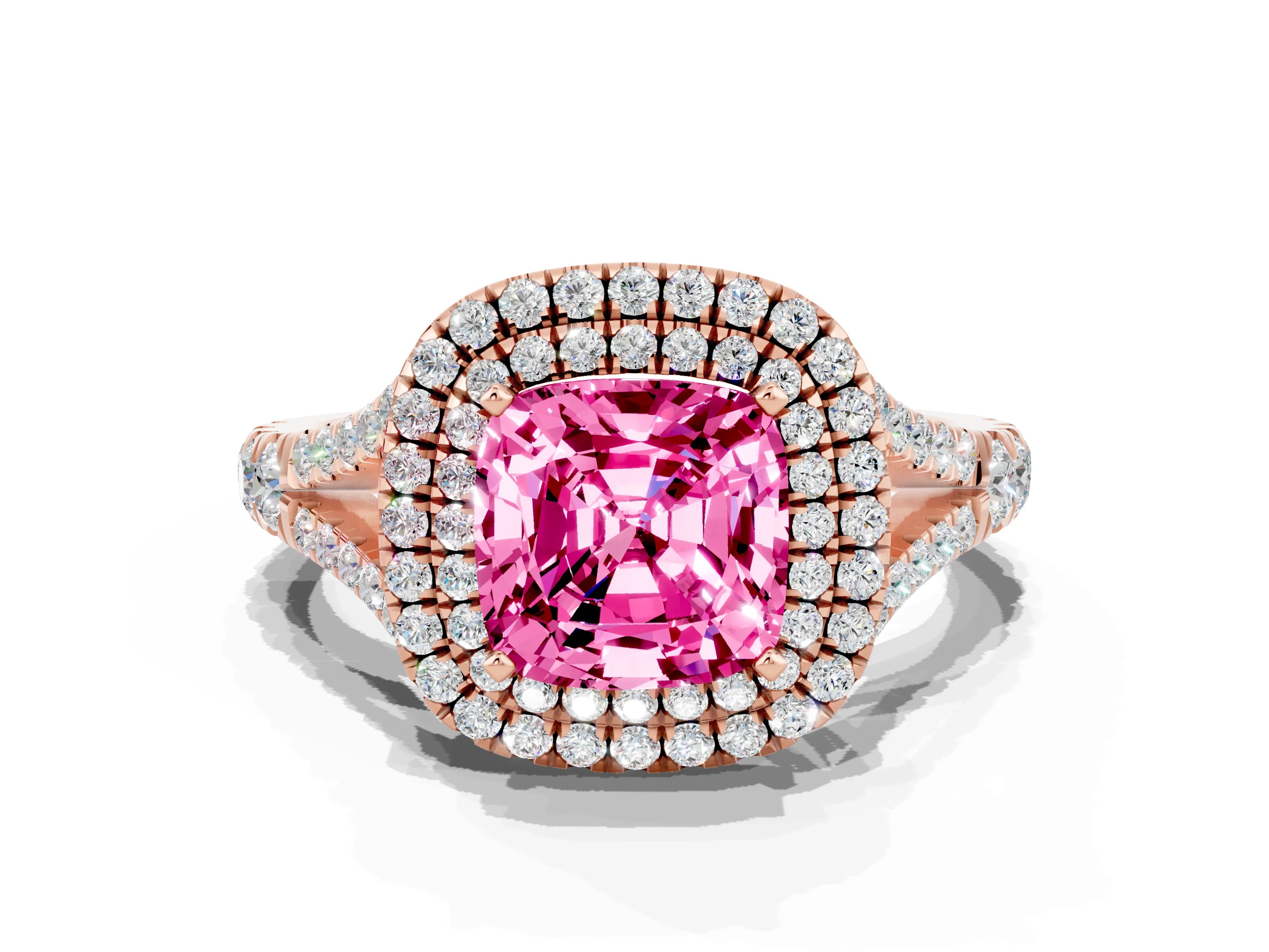 Rose gold Double Halo Cushion Cut Pink Sapphire Pavé Split Shank Ring with Prong Setting