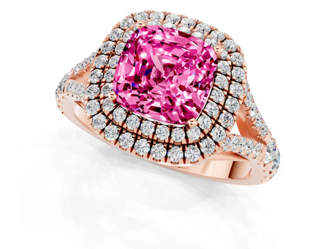 Rose gold Double Halo Cushion Cut Pink Sapphire Pavé Split Shank Ring with Prong Setting_1
