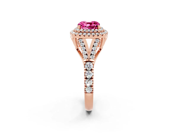 Rose gold Double Halo Cushion Cut Pink Sapphire Pavé Split Shank Ring with Prong Setting
