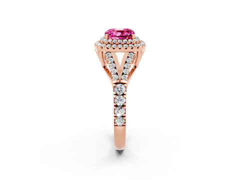 Rose gold Double Halo Cushion Cut Pink Sapphire Pavé Split Shank Ring with Prong Setting_2