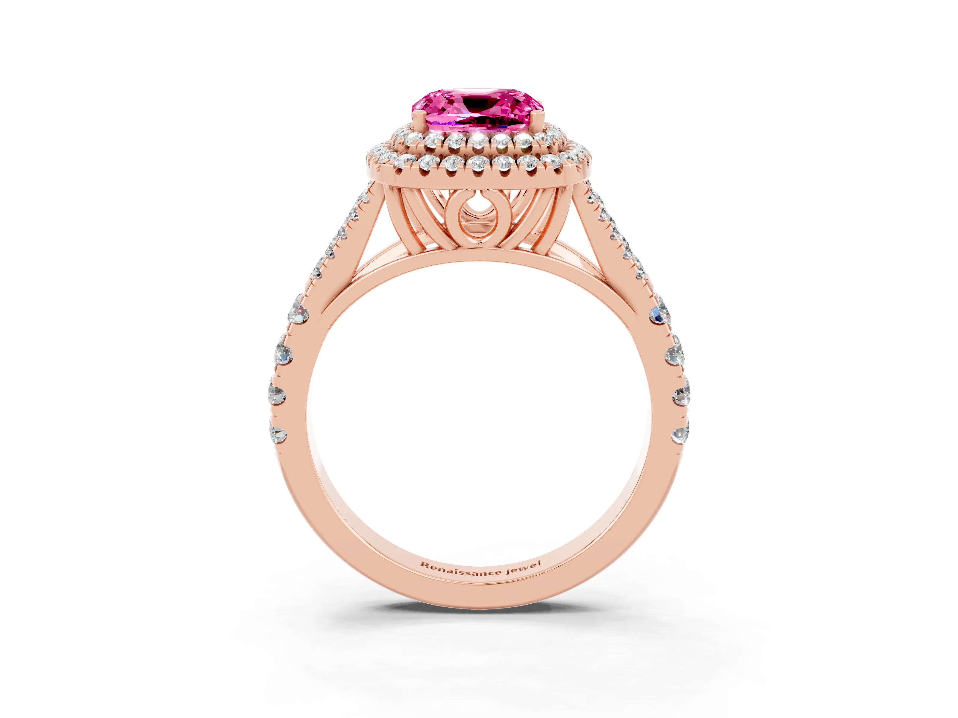 Rose gold Double Halo Cushion Cut Pink Sapphire Pavé Split Shank Ring with Prong Setting_3