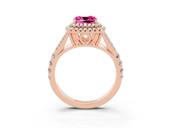Rose gold Double Halo Cushion Cut Pink Sapphire Pavé Split Shank Ring with Prong Setting