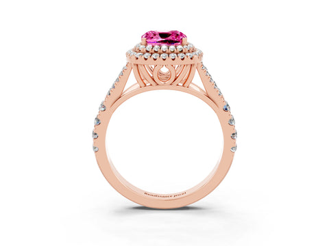 Rose gold Double Halo Cushion Cut Pink Sapphire Pavé Split Shank Ring with Prong Setting_3