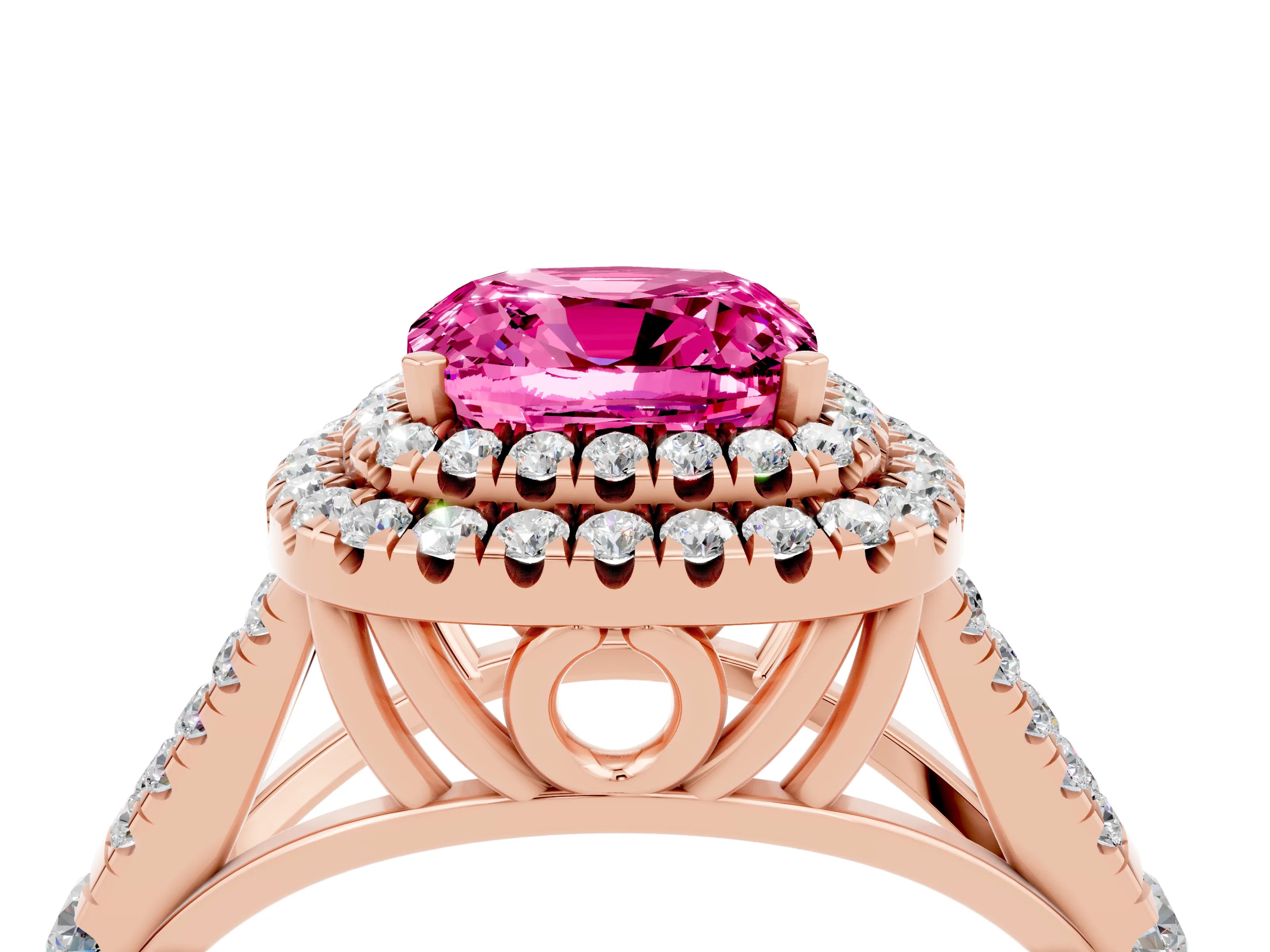 Rose gold Double Halo Cushion Cut Pink Sapphire Pavé Split Shank Ring with Prong Setting_4
