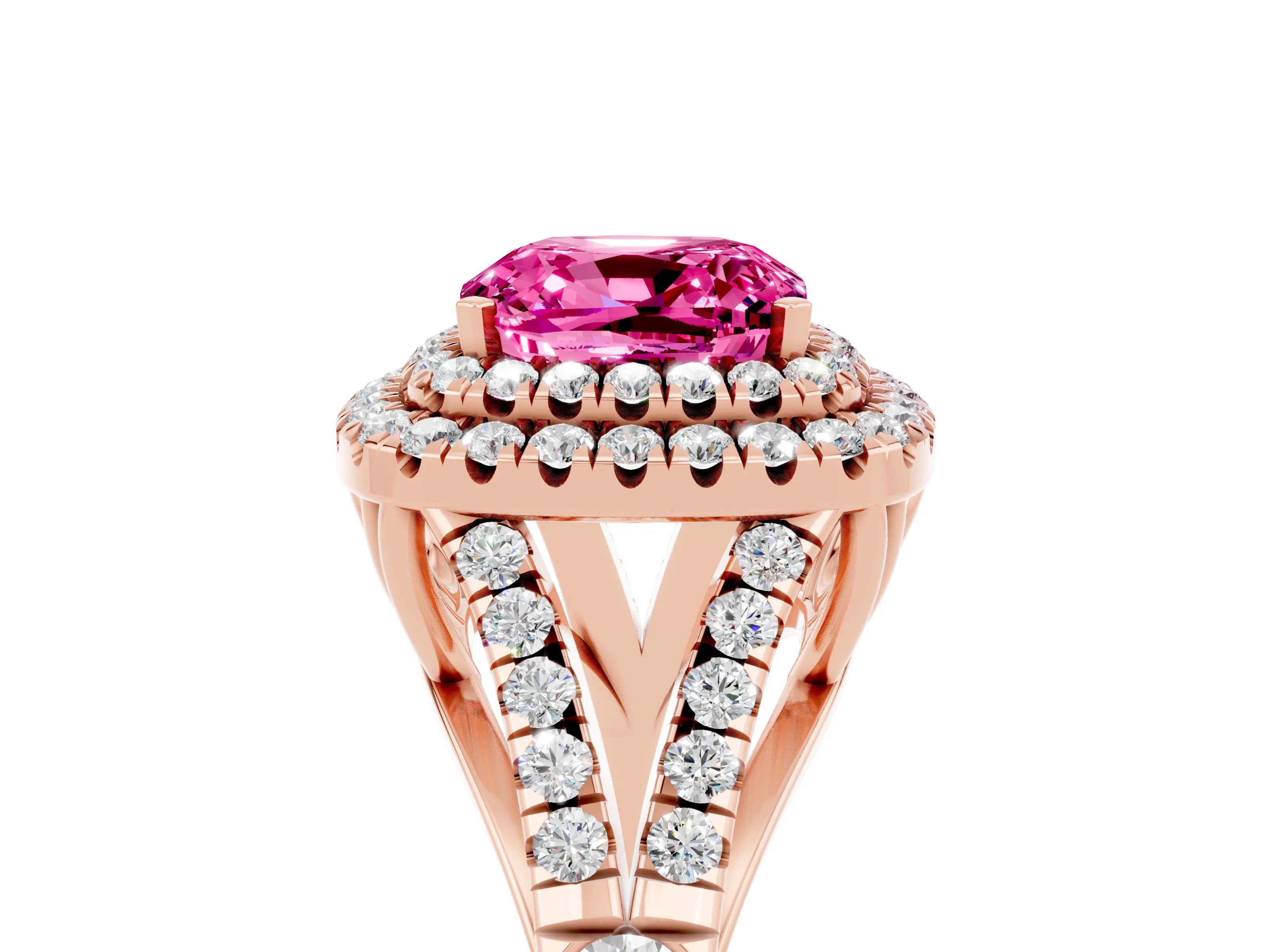 Rose gold Double Halo Cushion Cut Pink Sapphire Pavé Split Shank Ring with Prong Setting_5