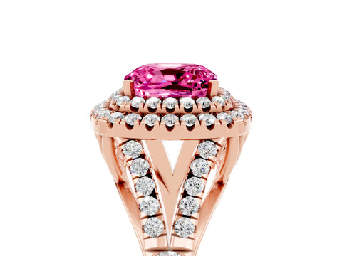 Rose gold Double Halo Cushion Cut Pink Sapphire Pavé Split Shank Ring with Prong Setting_5