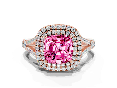 Rose gold Double Halo Cushion Cut Pink Sapphire Pavé Split Shank Ring with Prong Setting