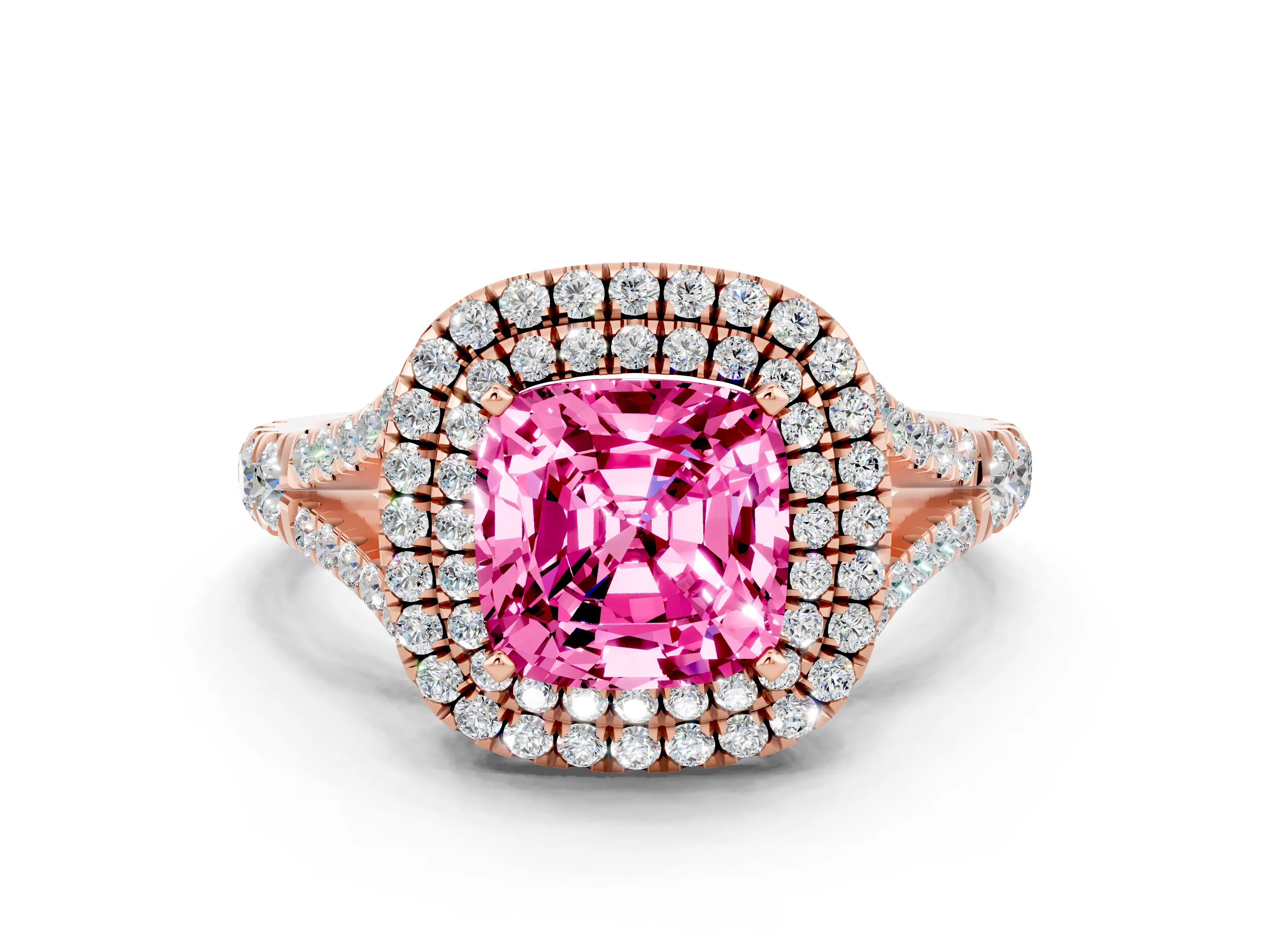 Rose gold Double Halo Cushion Cut Pink Sapphire Split Shank Engagement Ring with Four-Prong Setting