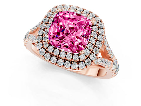 Rose gold Double Halo Cushion Cut Pink Sapphire Split Shank Engagement Ring with Four-Prong Setting_1