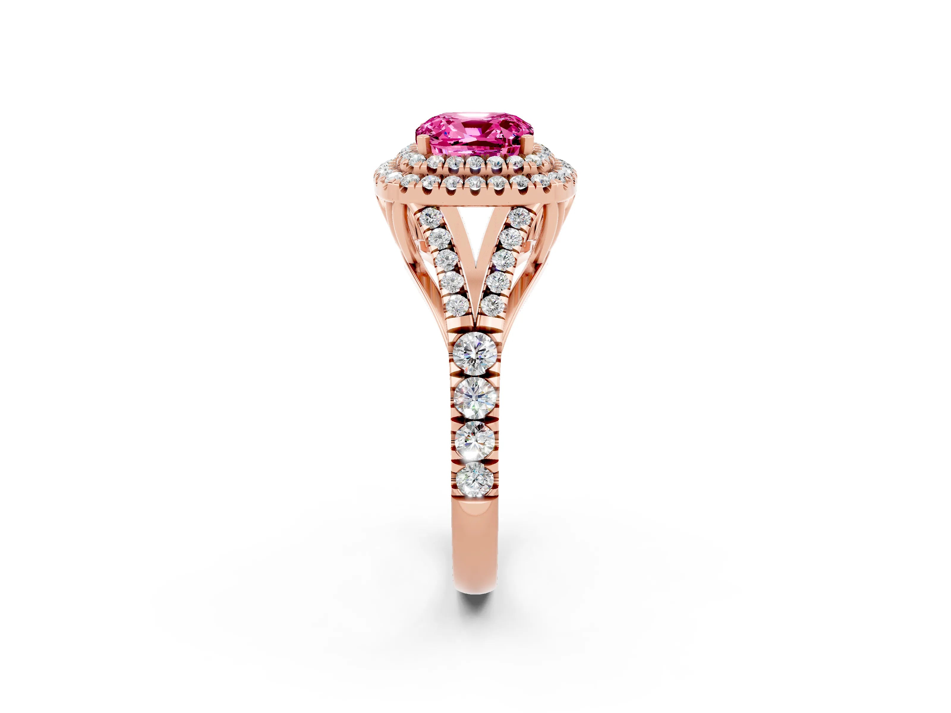 Rose gold Double Halo Cushion Cut Pink Sapphire Split Shank Engagement Ring with Four-Prong Setting_2