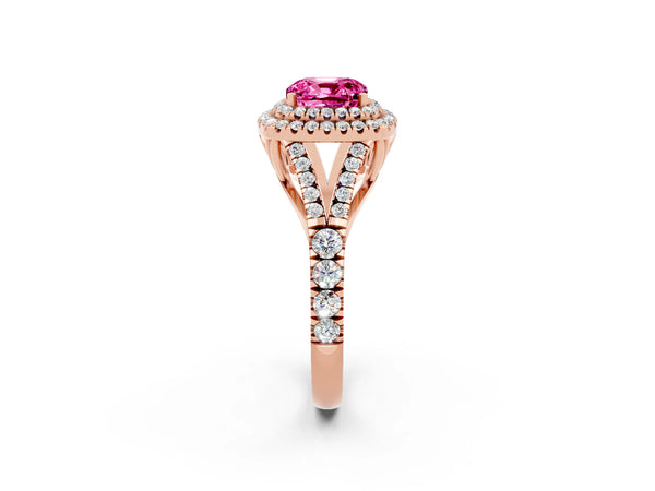 Rose gold Double Halo Cushion Cut Pink Sapphire Split Shank Engagement Ring with Four-Prong Setting