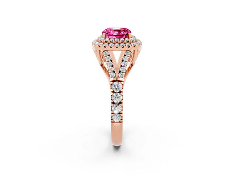 Rose gold Double Halo Cushion Cut Pink Sapphire Split Shank Engagement Ring with Four-Prong Setting_2