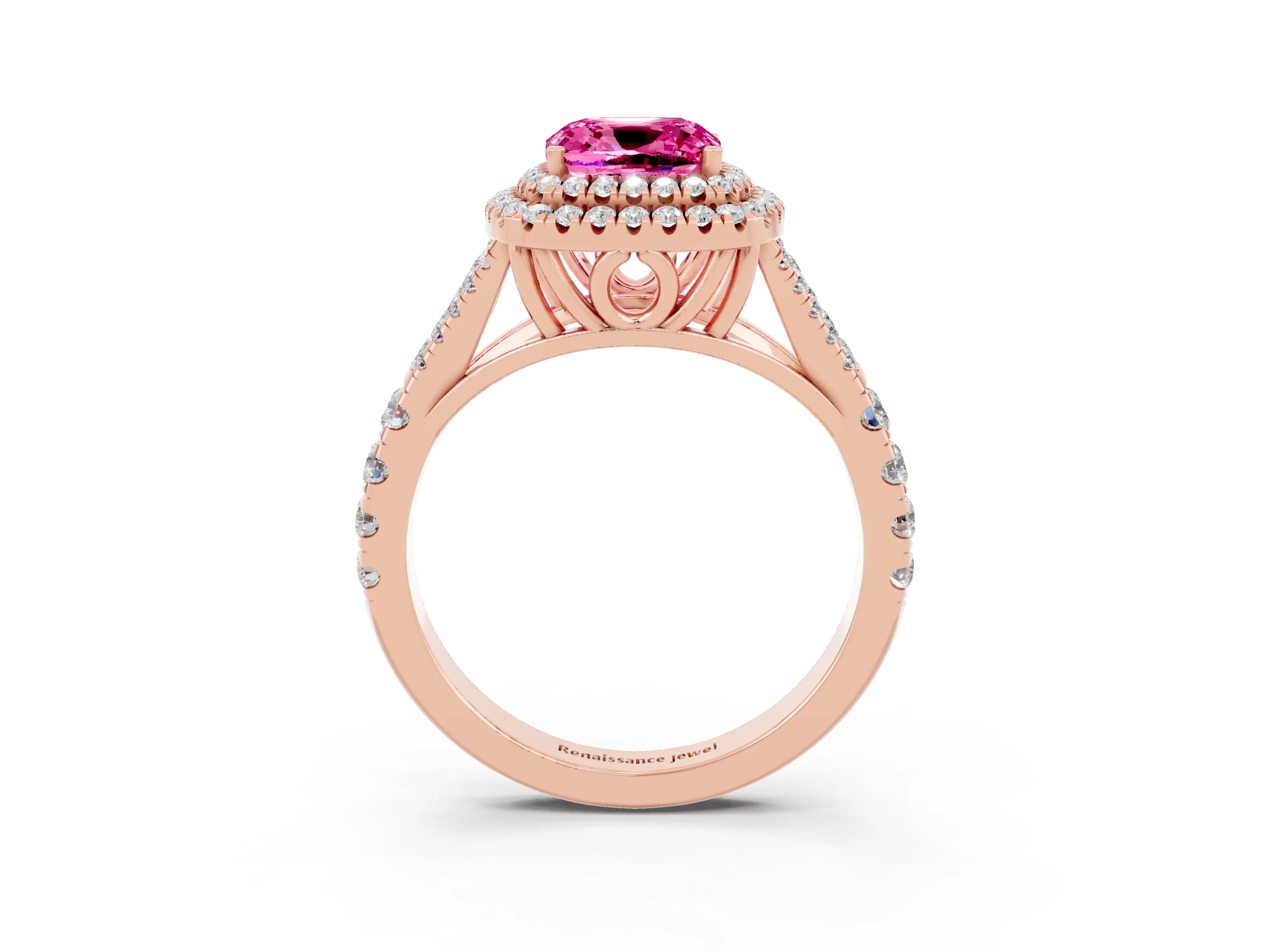 Rose gold Double Halo Cushion Cut Pink Sapphire Split Shank Engagement Ring with Four-Prong Setting_3