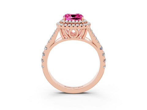 Rose gold Double Halo Cushion Cut Pink Sapphire Split Shank Engagement Ring with Four-Prong Setting_3