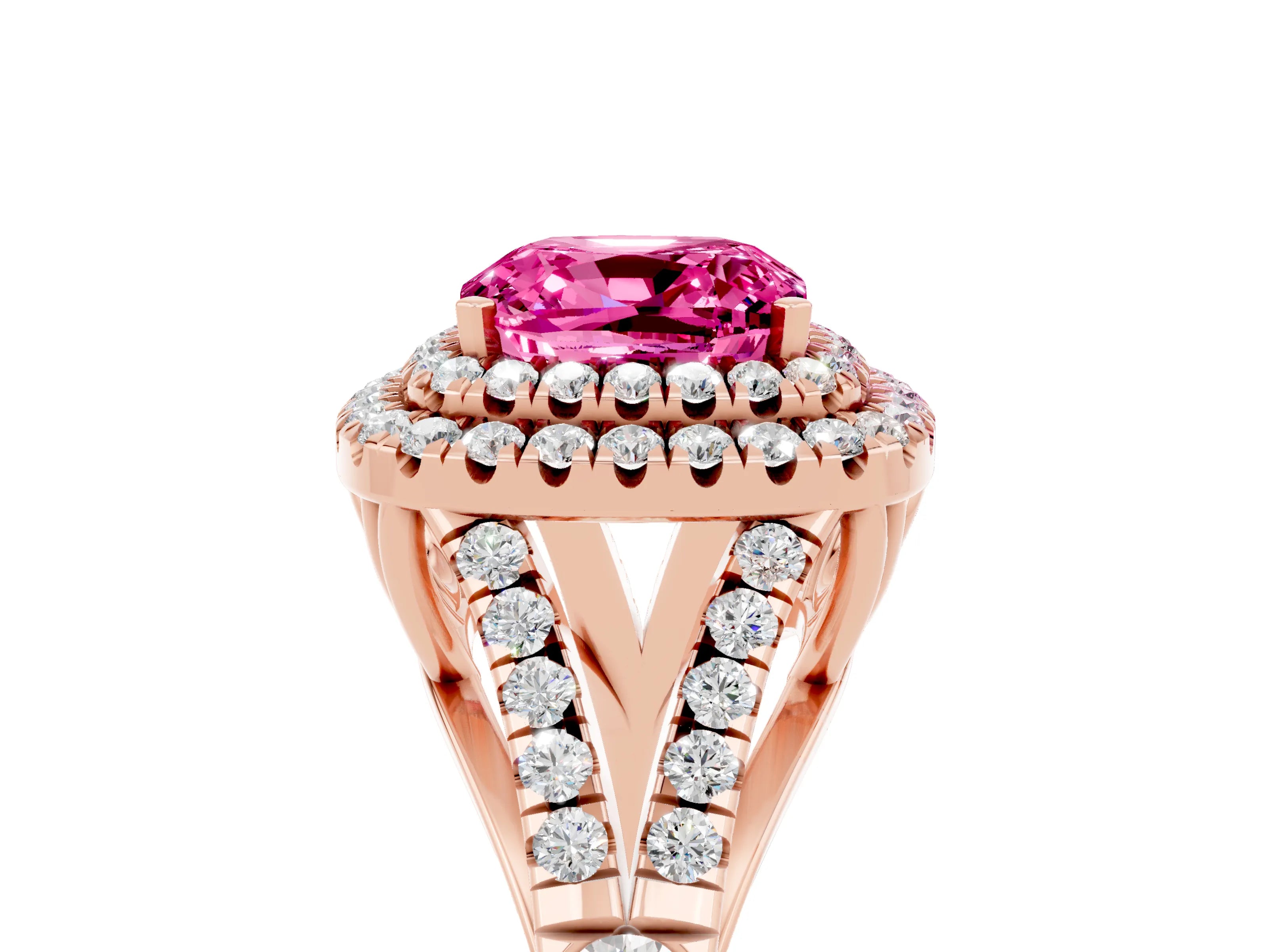 Rose gold Double Halo Cushion Cut Pink Sapphire Split Shank Engagement Ring with Four-Prong Setting_5