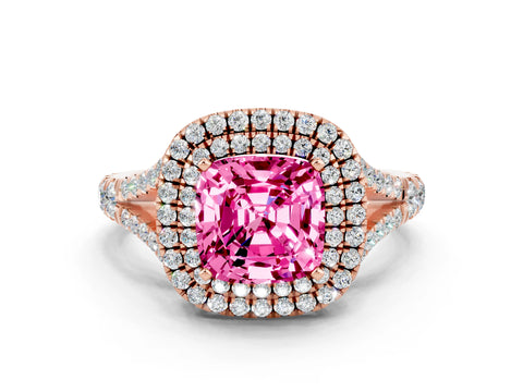 Rose gold Double Halo Cushion Cut Pink Sapphire Split Shank Engagement Ring with Four-Prong Setting