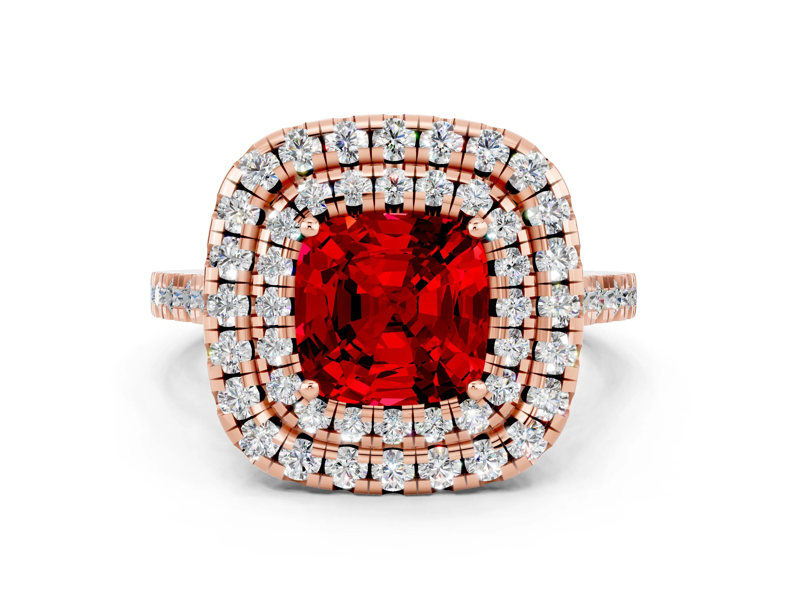 Rose gold Double Halo Cushion Cut Ruby Pavé Band with Four-Prong Setting