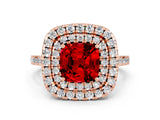Rose gold Double Halo Cushion Cut Ruby Pavé Band with Four-Prong Setting