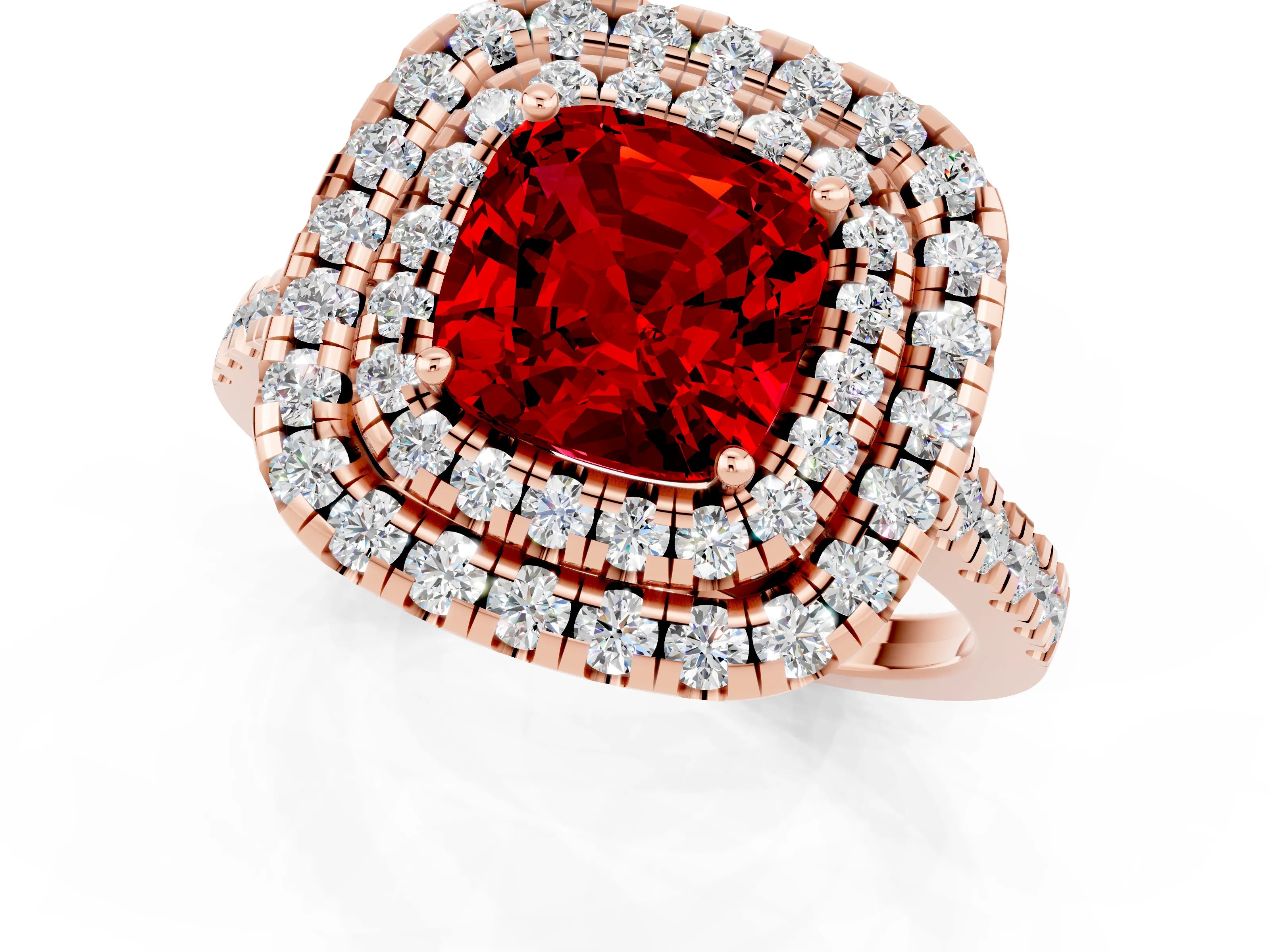 Rose gold Double Halo Cushion Cut Ruby Pavé Band with Four-Prong Setting_1