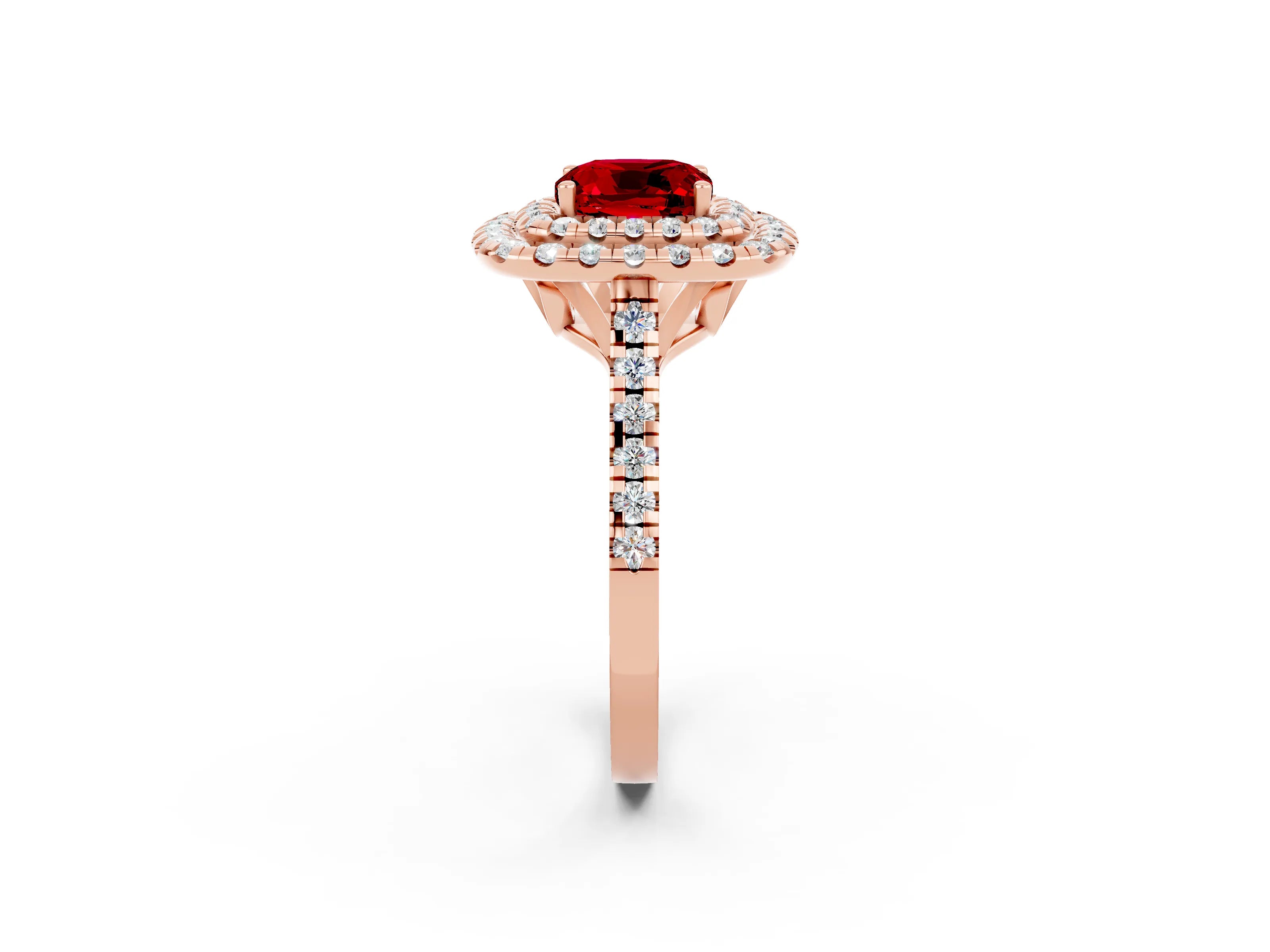 Rose gold Double Halo Cushion Cut Ruby Pavé Band with Four-Prong Setting_2