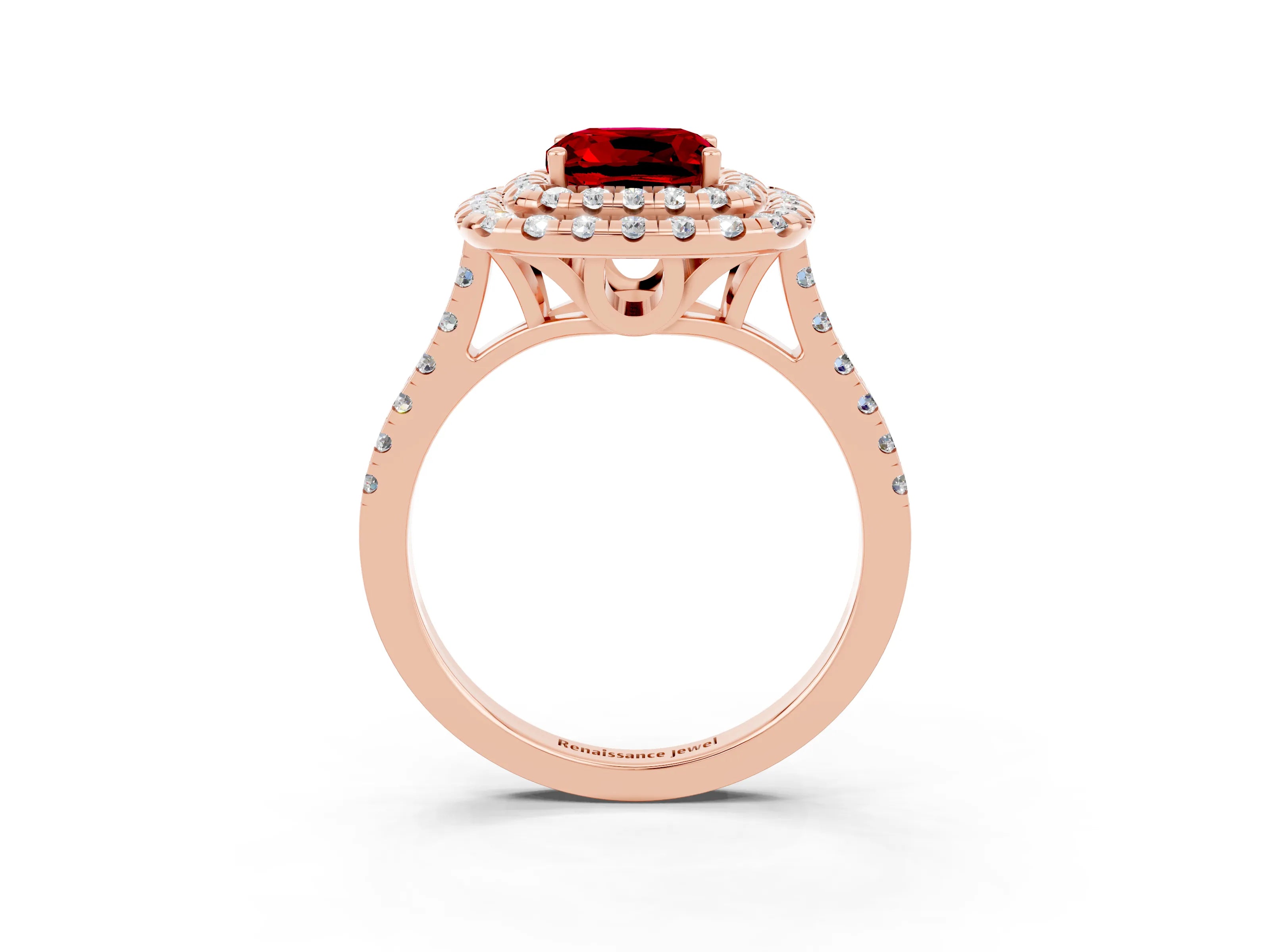 Rose gold Double Halo Cushion Cut Ruby Pavé Band with Four-Prong Setting_3