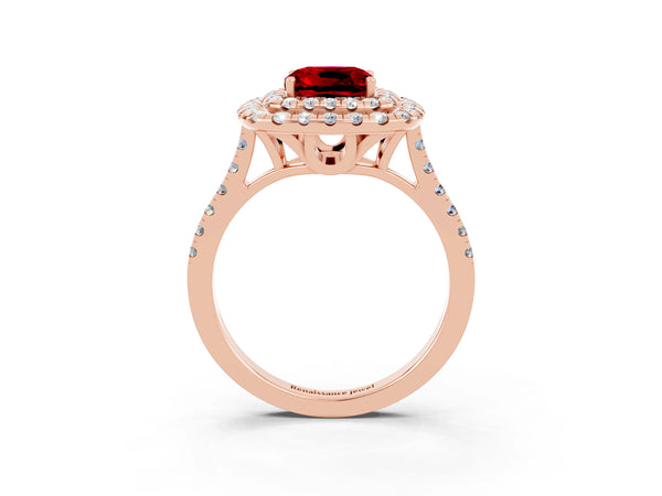 Rose gold Double Halo Cushion Cut Ruby Pavé Band with Four-Prong Setting