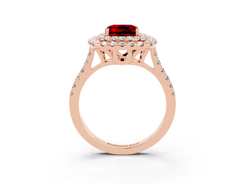 Rose gold Double Halo Cushion Cut Ruby Pavé Band with Four-Prong Setting_3