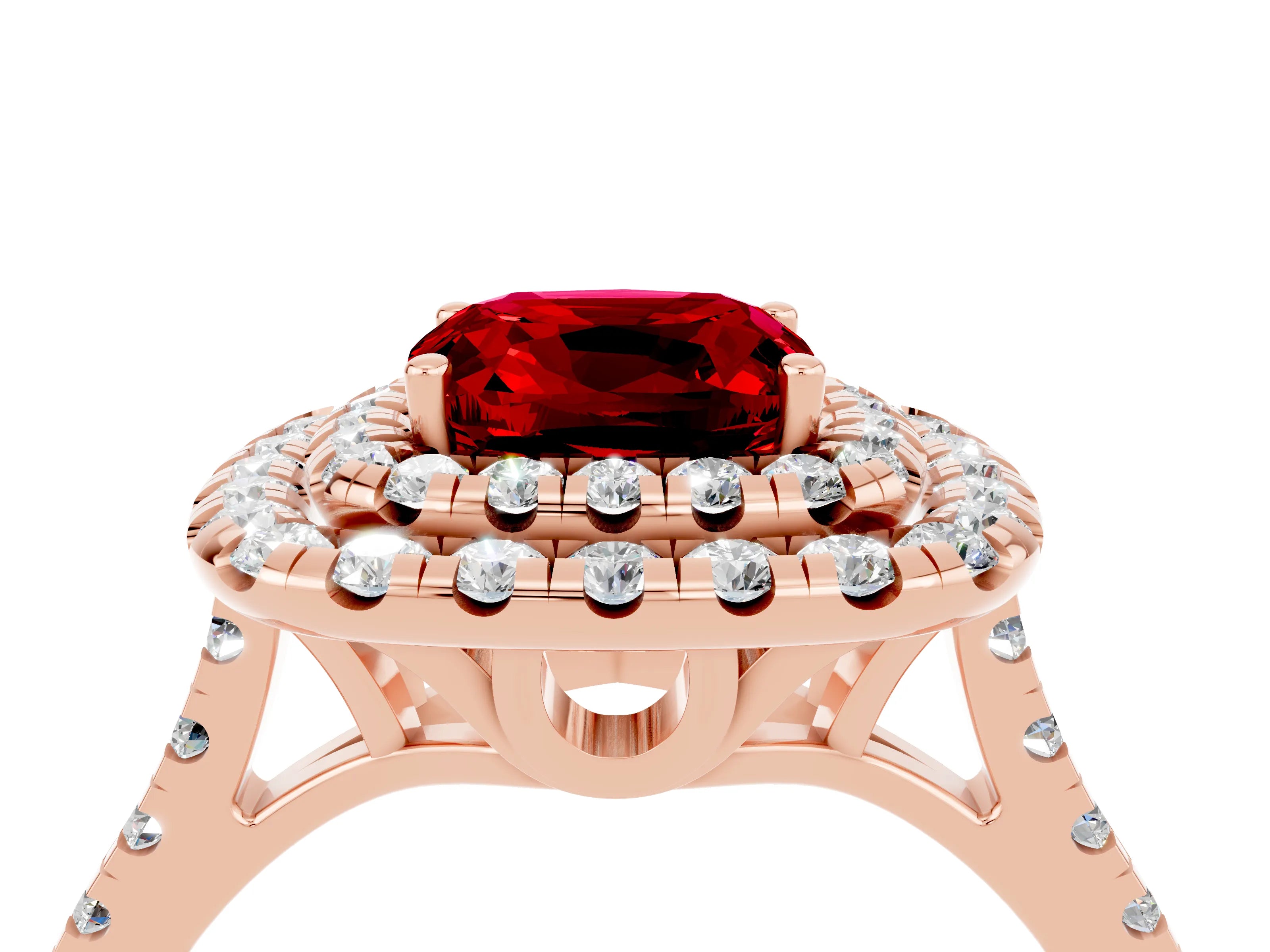 Rose gold Double Halo Cushion Cut Ruby Pavé Band with Four-Prong Setting_4