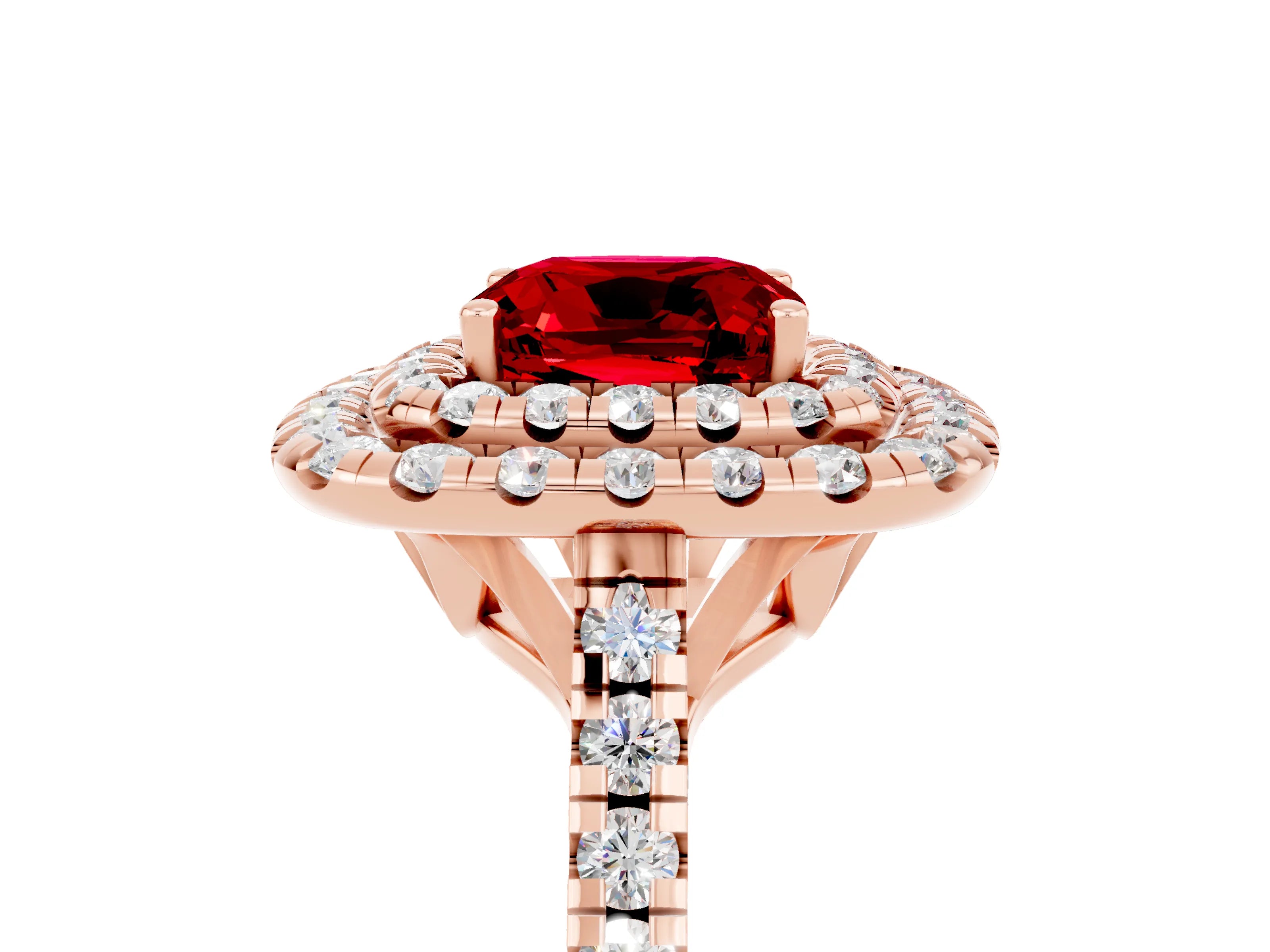 Rose gold Double Halo Cushion Cut Ruby Pavé Band with Four-Prong Setting_5
