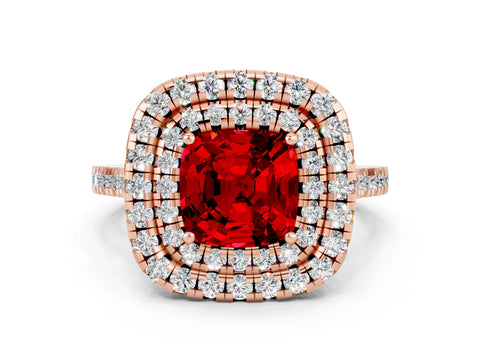Rose gold Double Halo Cushion Cut Ruby Pavé Band with Four-Prong Setting