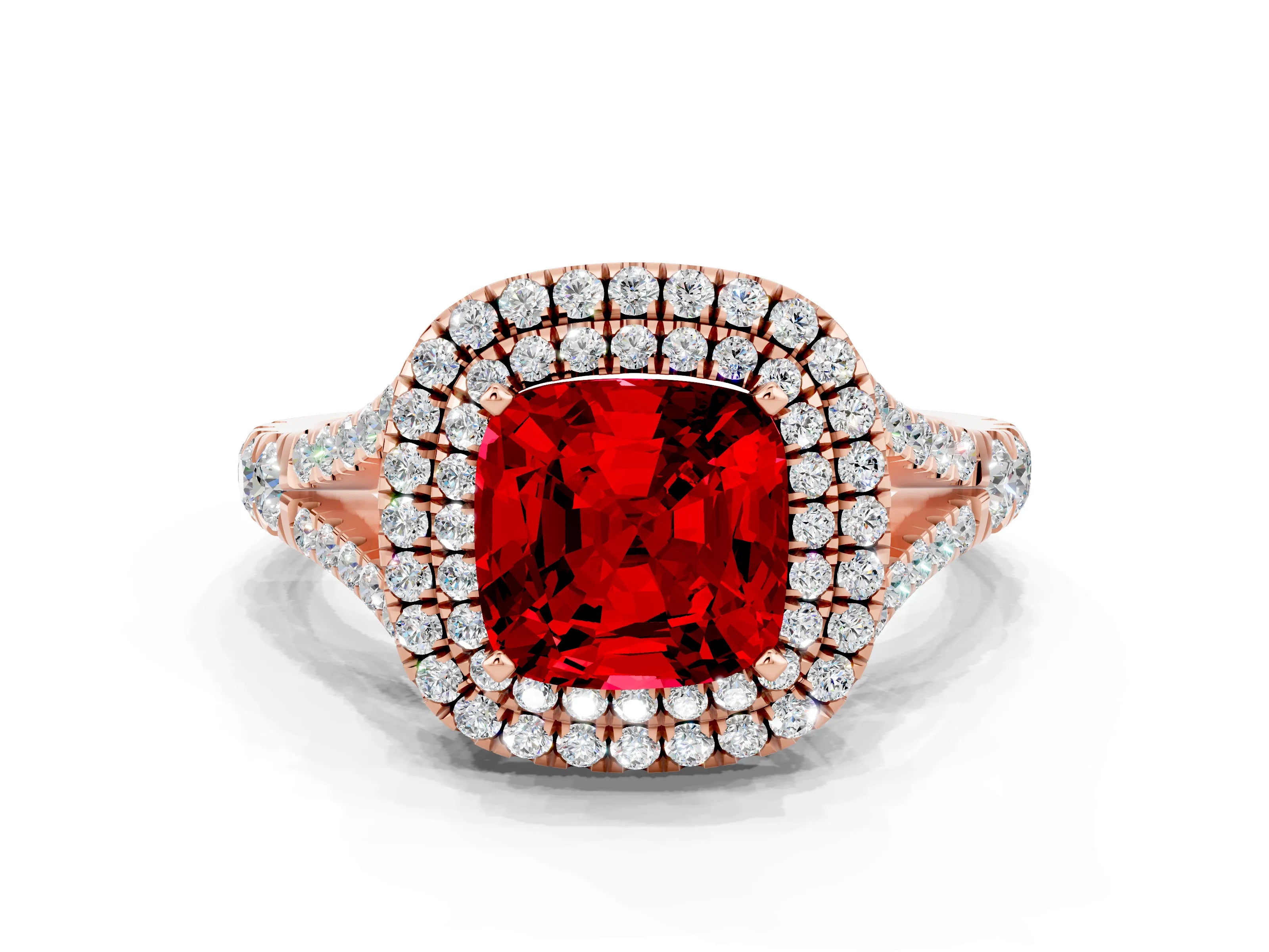 Rose gold Double Halo Cushion Cut Ruby Pavé Split Shank Ring with Prong Setting