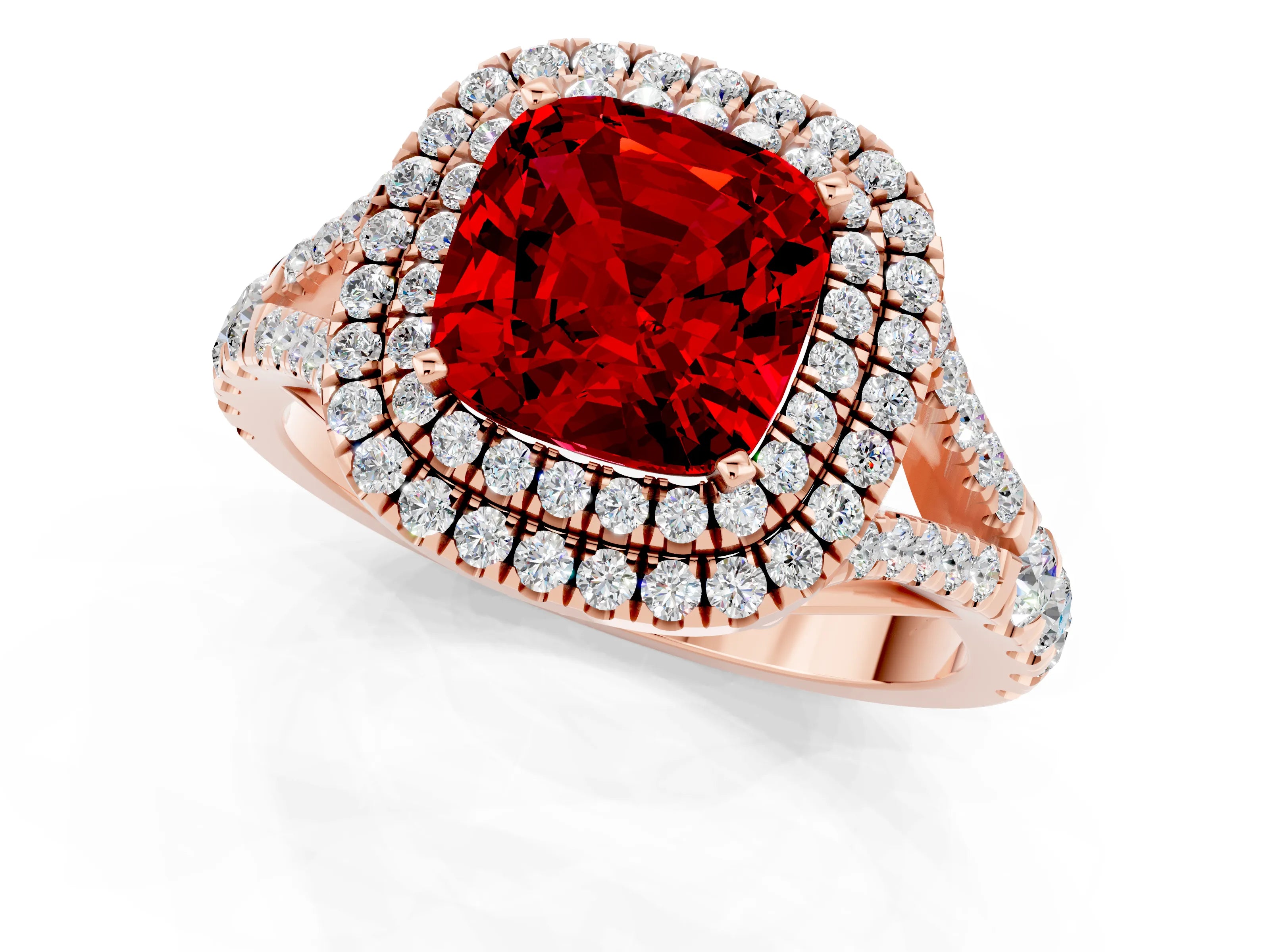 Rose gold Double Halo Cushion Cut Ruby Pavé Split Shank Ring with Prong Setting_1